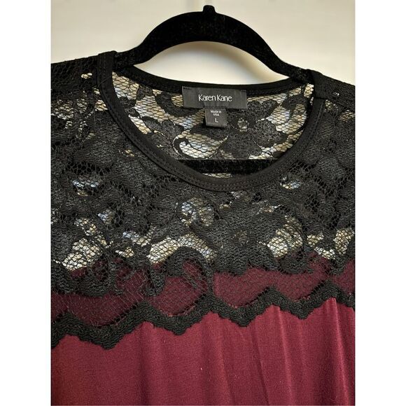 Karen Kane Women’s Large Lace Sleeve Trapeze Swing Dress • High Lo Hem Boat Neck - Picture 5 of 16